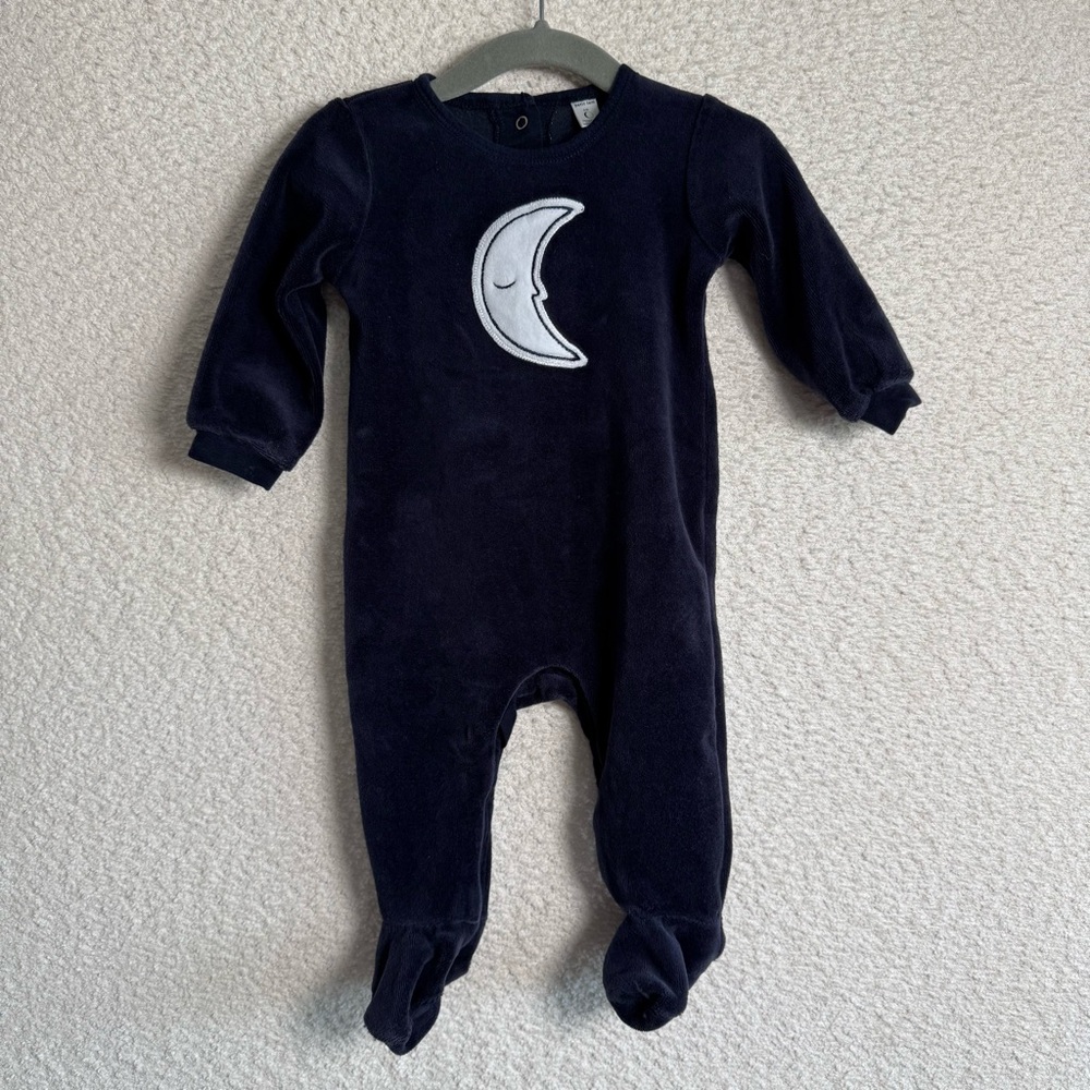 Petit Lem Baby Goodnight Embroidered Velour Navy Moon Footed Sleeper‎ 6 months